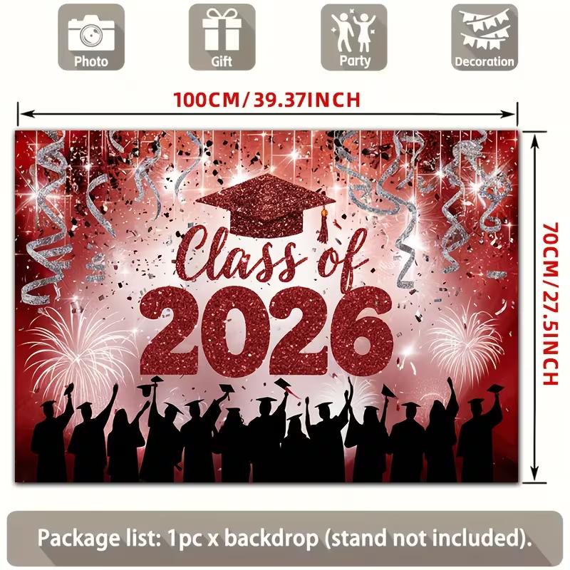 Красный блестящий гобелен для выпускного 2026 года, «Выпуск 2026» с фейерверком и конфетти для фотозоны 47.2x31.5inch/120*80cm