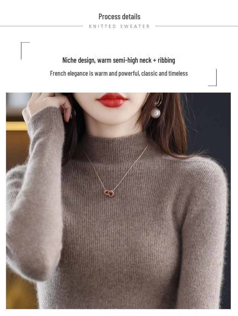 Women's Autumn & Winter Half-High Neck Wool Sweater - Tight-Fitting Australian Wool Pullover Knitwear Base Layer