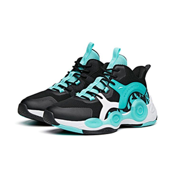 Anta Kids Asymmetrical Fabric Shock Absorbing Non-Slip Durable Breathable Mid-Top Basketball Shoes Kids Basketball Shoes Black Green A312131101-1