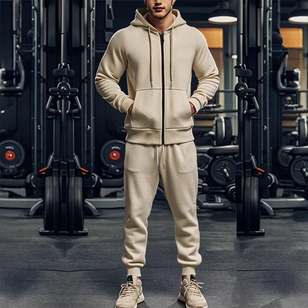 Men's Solid Color Long Sleeved Hooded Sports Casual Suit Fleece Warm Two Piece Suit