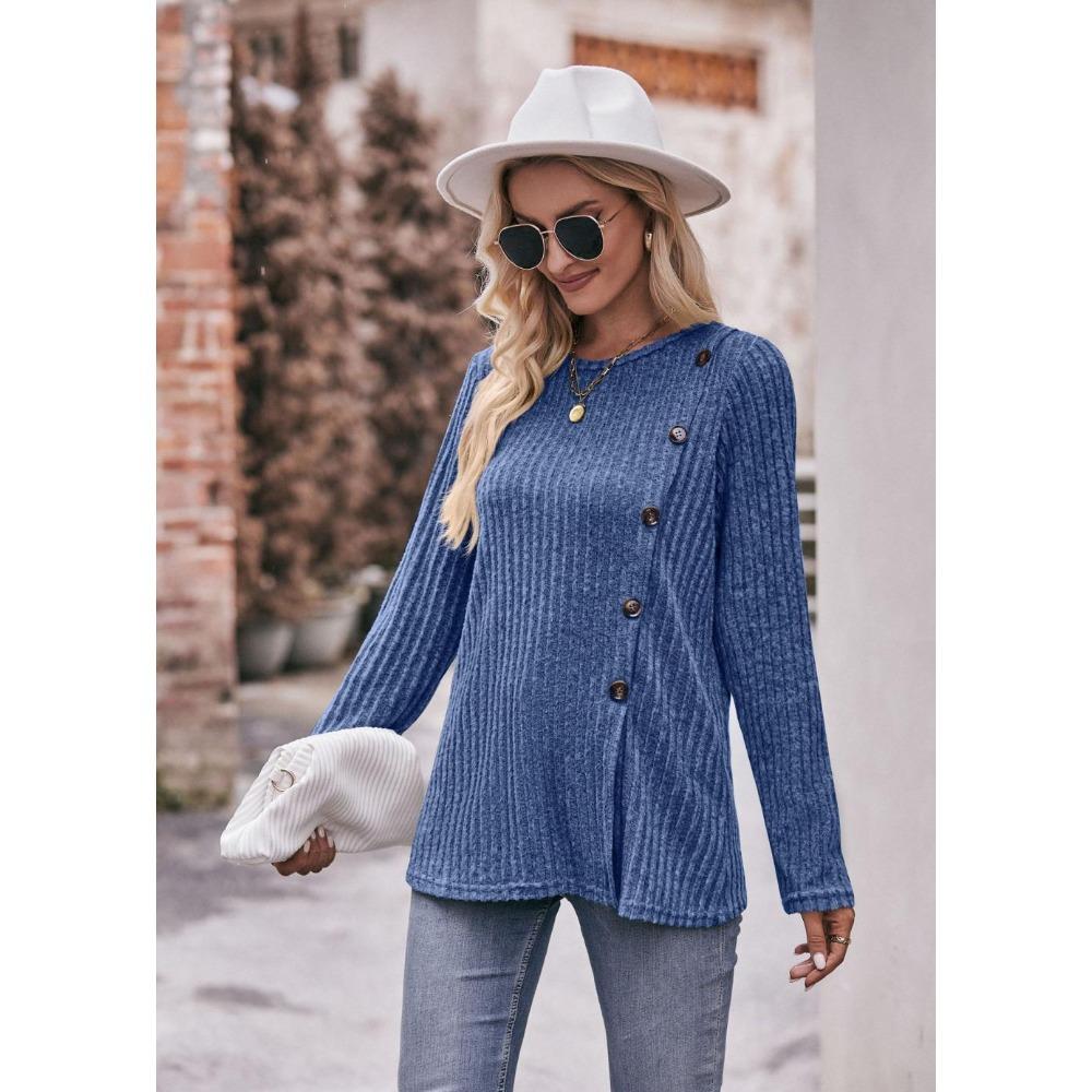 Women's Autumn Button Fashion Solid Color Long-sleeved T-shirt