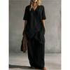 Damen Leinen 2-teiliges Set V-Ausschnitt Unregelmäßige Bluse Weite Hosen Lässiges Outfit