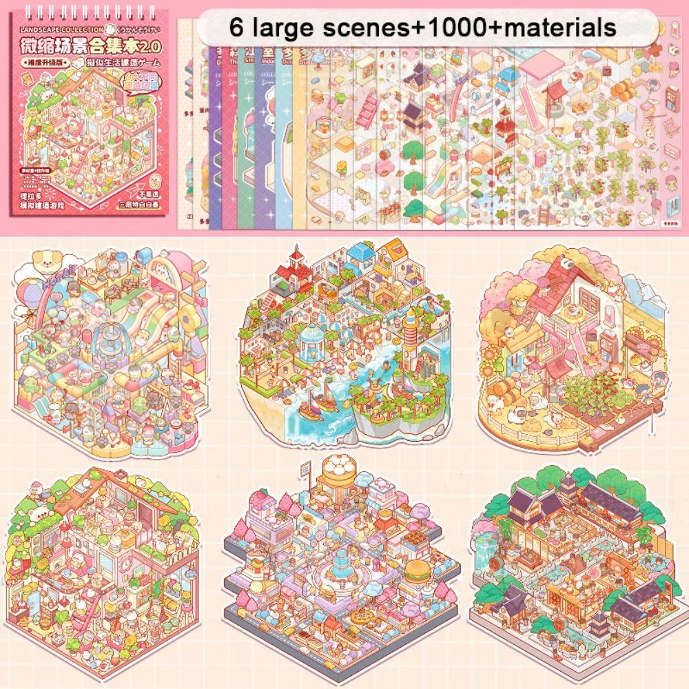 Cartoon Landscape Sticker Book Visual Stacking 3D Pocket Cabin Scene Stickers  Kids