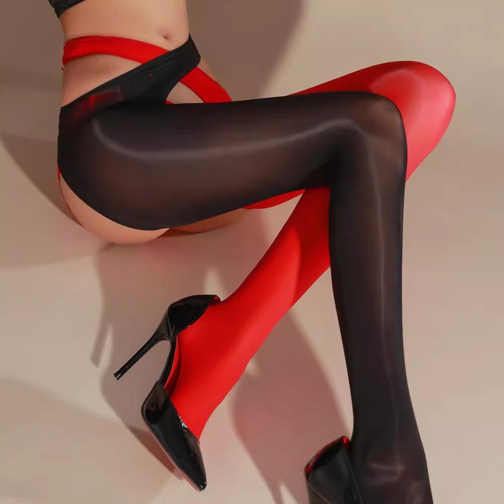 Contrast Color Women Sexy Stockings Oil Shiny Pantyhose Pole Dance Open Crotch Clubwear Transparent Silky Touch Erotic Tights