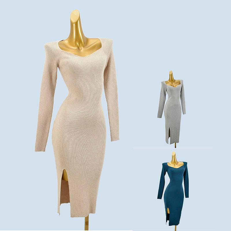 Export Single Fashion Wind Pure Color Split Long Sleeve Slim-Fit Figure Flattering Sheath Mid-Length Knitting Dress Sweater Female
