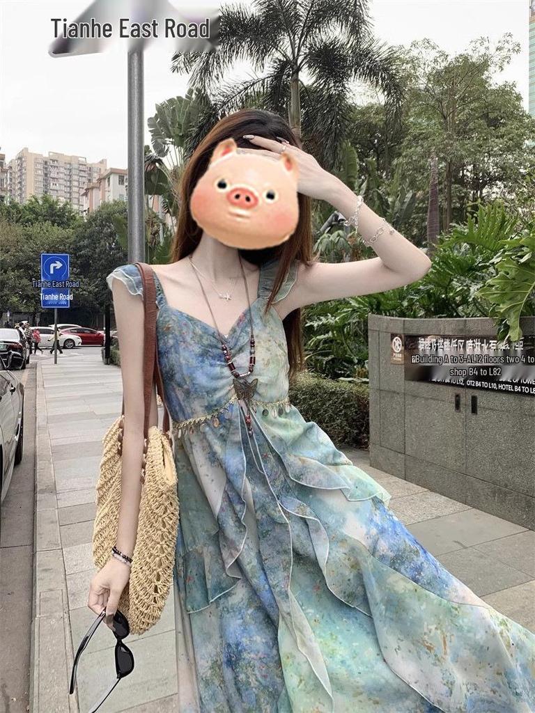 Seaside Resort Style Flutter Sleeve Camisole Dress - Women's Summer 2026 Waist-Cinched Irregular Fairy Dress