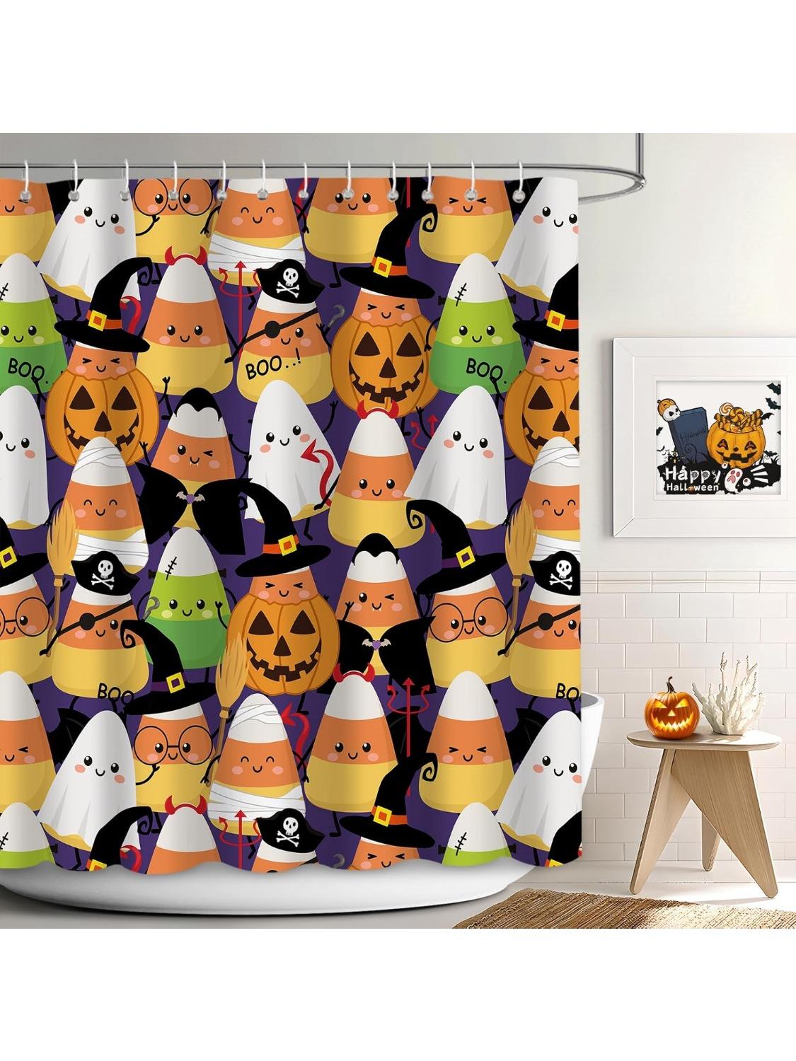 

Halloween Shower Curtain For Bathroom, Halloween Cute Candycorns Ghost Witch Hat Pumpkin Shower Curtain, All Saints Day Holiday W60H190(CM)-1 Pcs