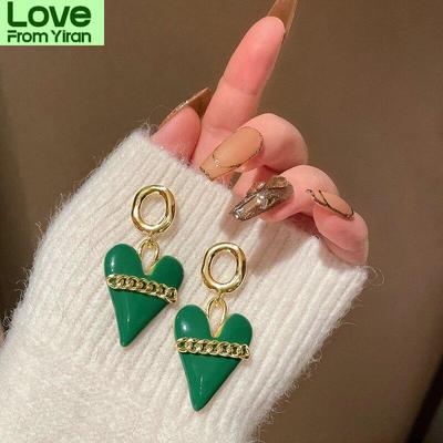 Fashion Beautiful Green Heart Metallic Dangle Earrings  New Korean Style Brincos Jewelry Wholesale