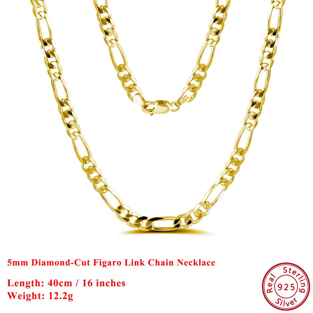 Effie Queen Italy Real 925 Silver Diamond-Cut Figaro Chain Necklace 5mm Wide 40-60cm Long Woman Man Neck Chain Jewelry Gift SC34