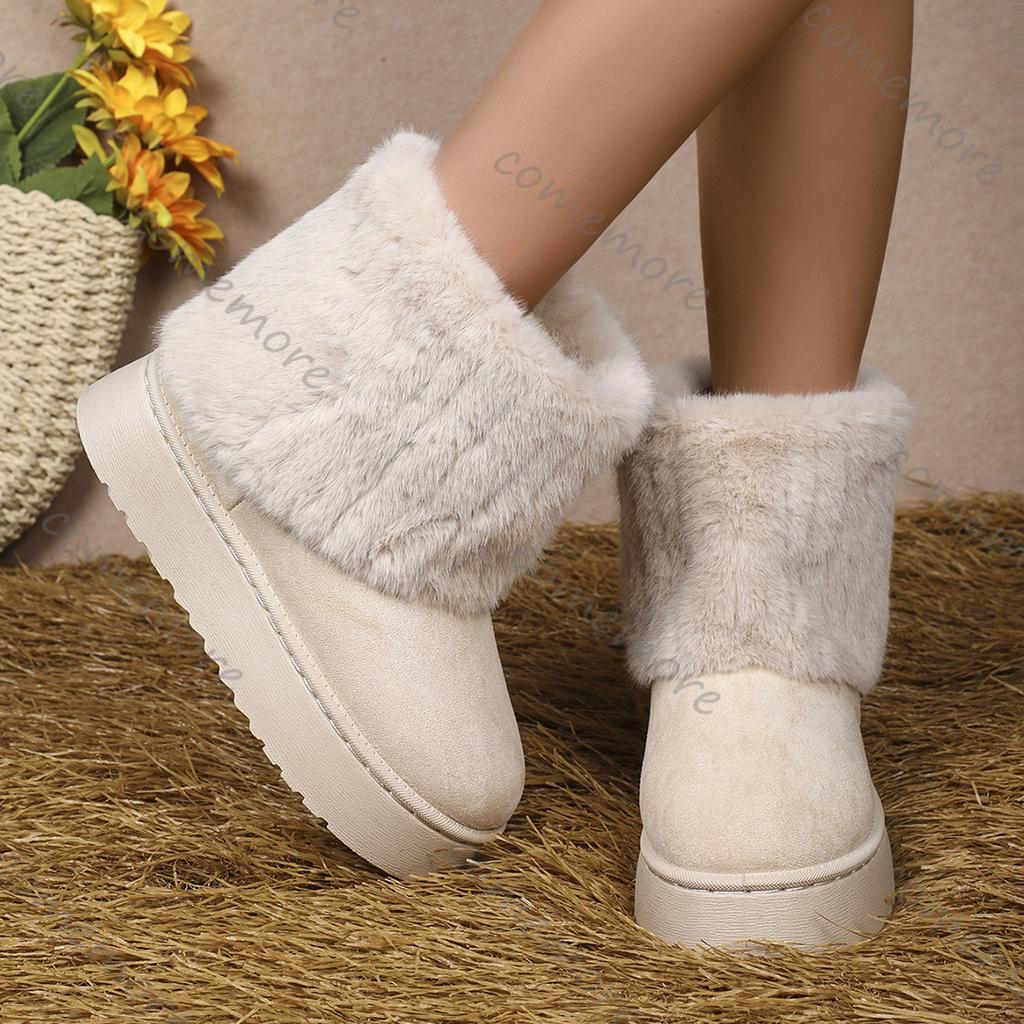 Fashion Comemore Women Round Toe Warm Thickened Plush Winter Beige Snow Boots Thick Sole Casual Comfortable Solid Colour Fur Short Boots