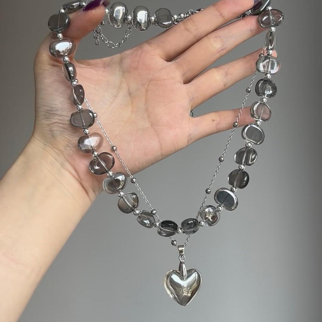 Waterdrop Crystal Beaded Necklace For Women Handmade Heart Pendant Double Layer Jewelry