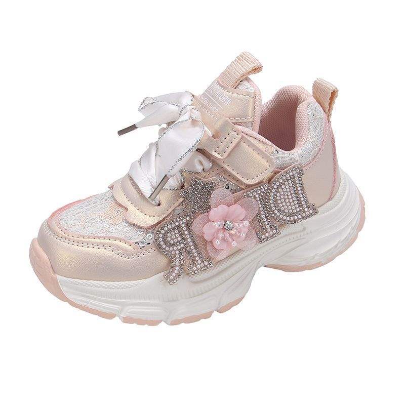 Girls shoes 2025 spring and autumn new children's breathable girls princess sports shoes casual belt diamond dad shoes