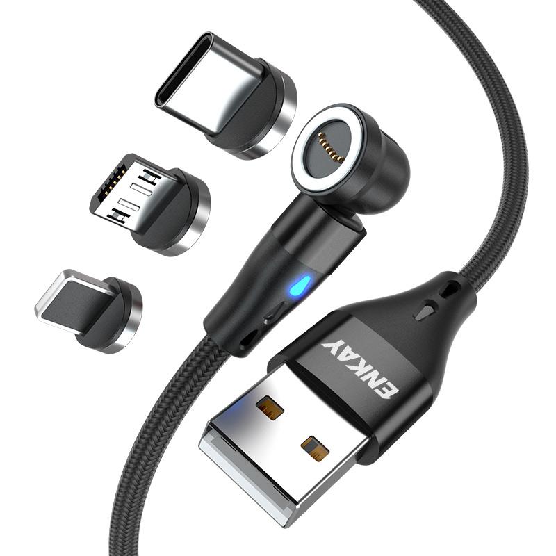 

ENKAY HAT PRINCE 1m 3A Fast Charging Cable 3-in-1 Magnetic USB to 8-Pin/Type-C/Micro USB Data Cord with LED Light Black