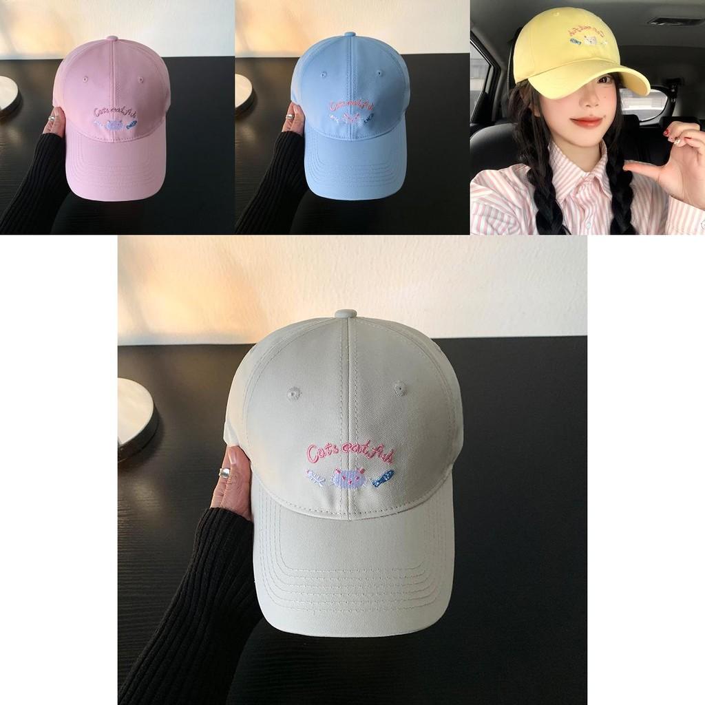 Adorable Cat Embroidered Baseball Cap Stylish Korean Version Wide Brim Adjustable Hat For Women