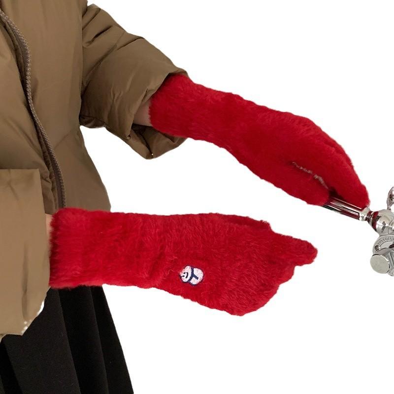 Travel gloves women autumn and winter gentle college wind solid color knitted fingers warm and cold cycling older children spring