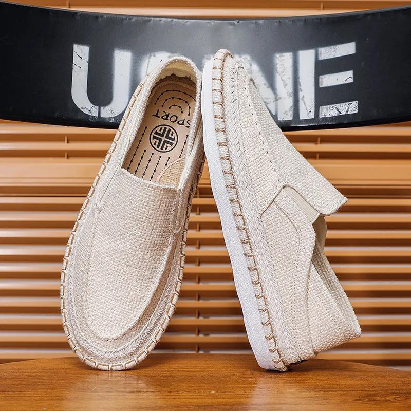 Men Flax Casual Shoes Simple Breathable Slip-on Loafers Flat Fisherman Shoes