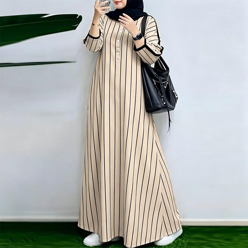 ZANZEA Women Muslim Casual Round Neck Loose Long Sleeve Stripe Print Long Dress S абрикосовый