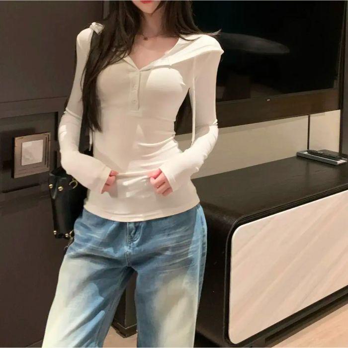 Minimalist Slim Fit Hoodie: Spring/Autumn Long Sleeve, Waist-Hugging, Half Button Top for Women