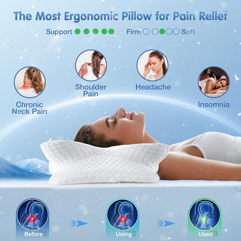 Cervical Neck Pillow for Pain Relief - Cooling Memory Foam Pillows for Sleeping, Ergonomic Side Sleeper Pillow for Neck Support, Contour Pillow