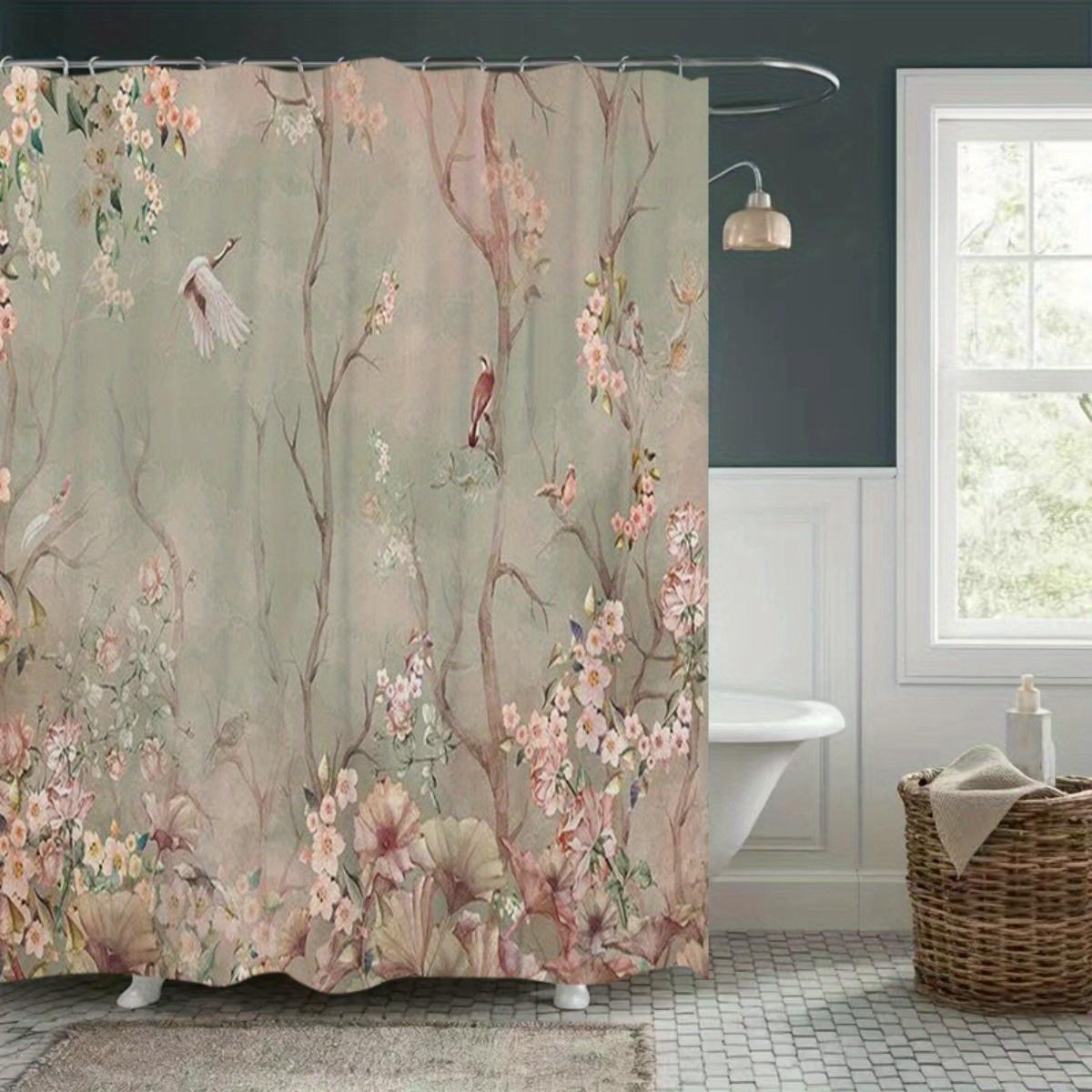 Dunika Chen Pink Floral Birds Shower Curtain Cherry Blossom Trees Flowers Nature Artistic Print Waterproof Bath Decor Elegant Design
