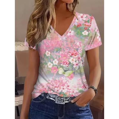 Flower Print V-neck Top Stylish Simple Short Sleeve Casual T-Shirts Women’s