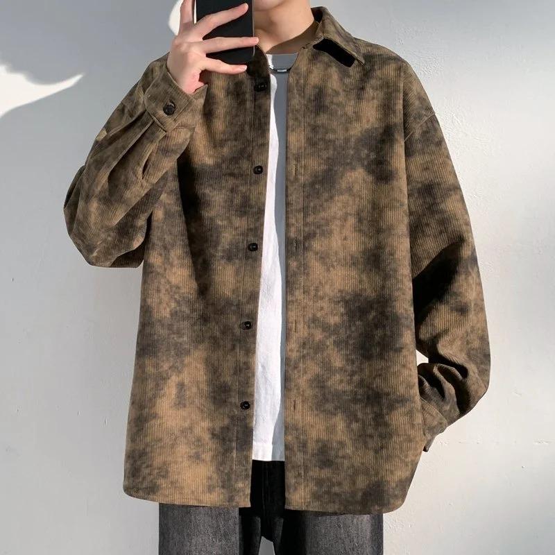 Men's Tie Dye Corduroy Shirt Casual Loose Long Sleeve Button Down Shirt Streetwear Vintage Blouse