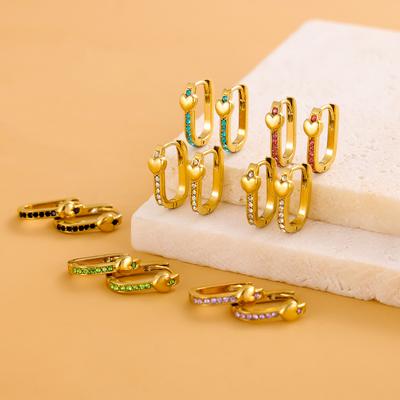 CARLIDANA Gold Color Stainless Steel Small Earring Gold Plated Gifts Colorful CZ Stone Hoop Heart Earrings for Women Girls
