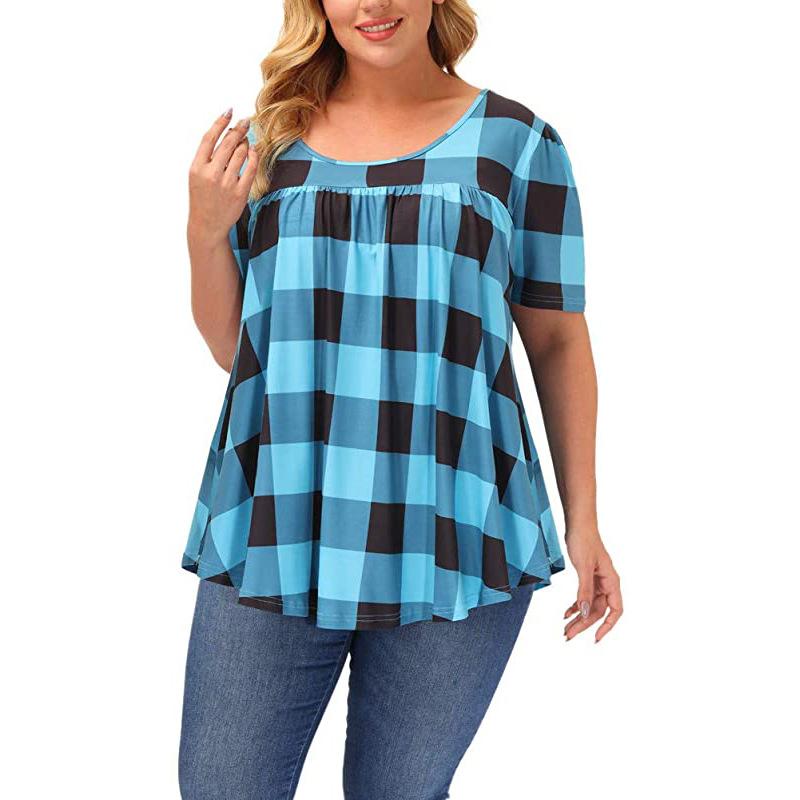 Summer Women's Short Sleeve Blouse Round Neck Loose Plaid Printed Shirt Top