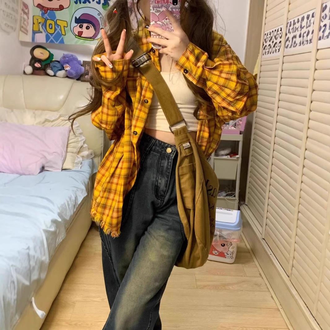 

Women s Yellow Plaid Long Sleeve Retro Shirt Jacket - Autumn 2024 Hong Kong Style XXL жовтий