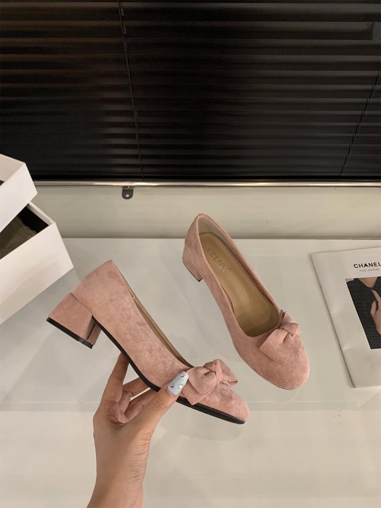 French medium and high heel pink suede single shoes women's shoes 2025 new spring and autumn bow with skirt evening shoes