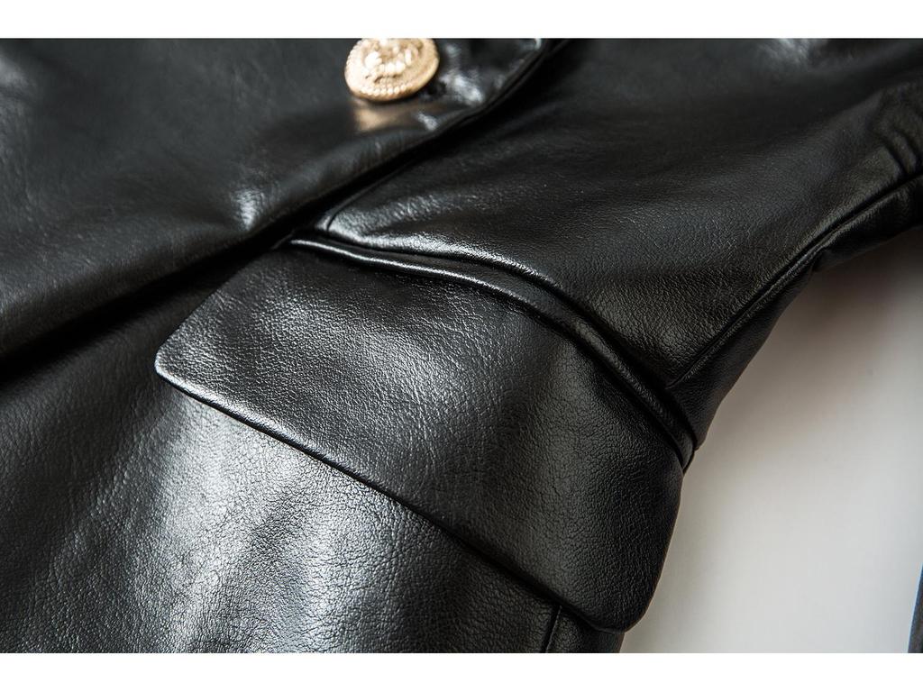Black Long Sleeve Slim Fit Faux Leather Jacket with Suit Collar - Fall/Winter Collection