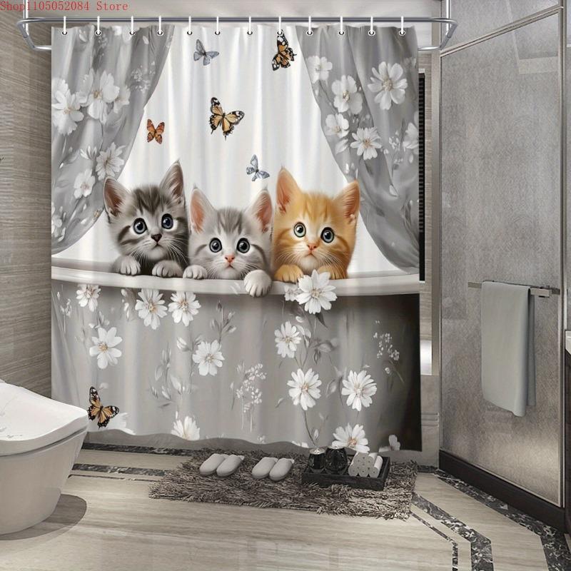 1pc adorable cats shower curtain polyester fabric watercolor  -   With Hooks Waterproof Mildew Proof Easy Install Washable