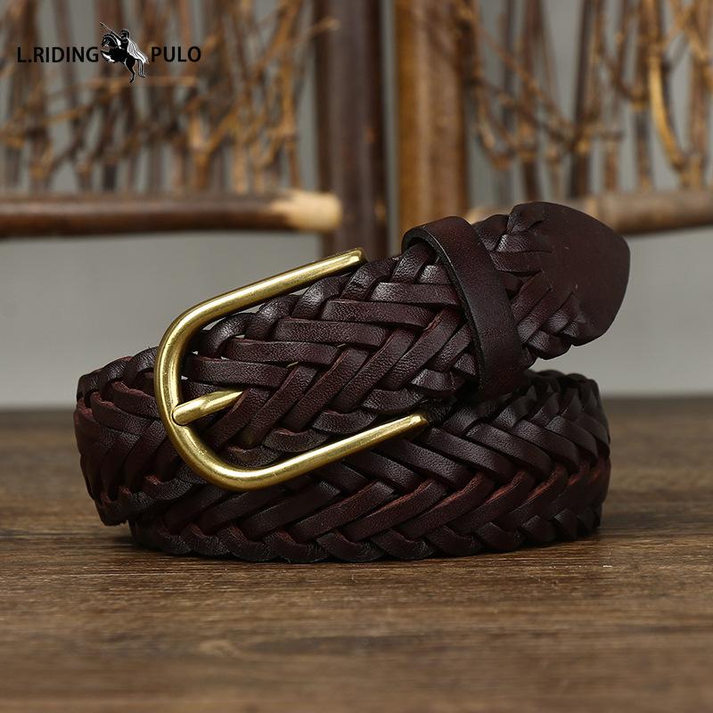 Men's Genuine Leather Braided Belt Cowhide Handmade Woven Pin Buckle Couple's Casual All-match Belt