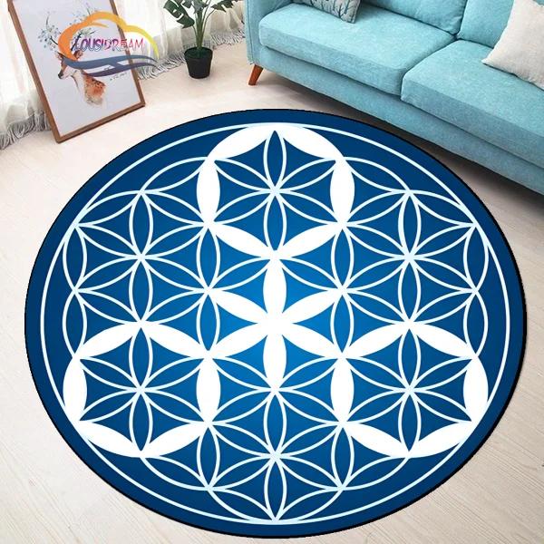 Sacred Planet Geometrie Flower of Life Kulaté koberce Podložka na jógu Polštář Obývací pokoj Ložnice Koberec pro pracovnu Potisk Protiskluzová židle