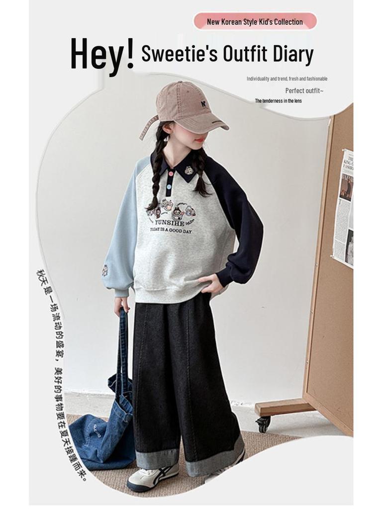 Mädchen 2025 Herbst Polokragen Raglanärmel Sweatshirt - Stilvolles Herbstoberteil für mittlere und große Kinder