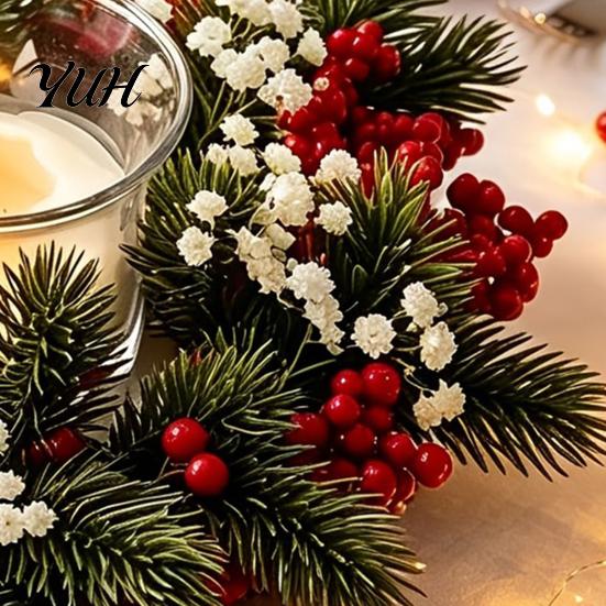 Winter Wedding Table Accents Christmas Candle Ring Wreath, Artificial Pine Wreath with Red Berries Greenery Decor White Flowers, Holiday Centerpiece
