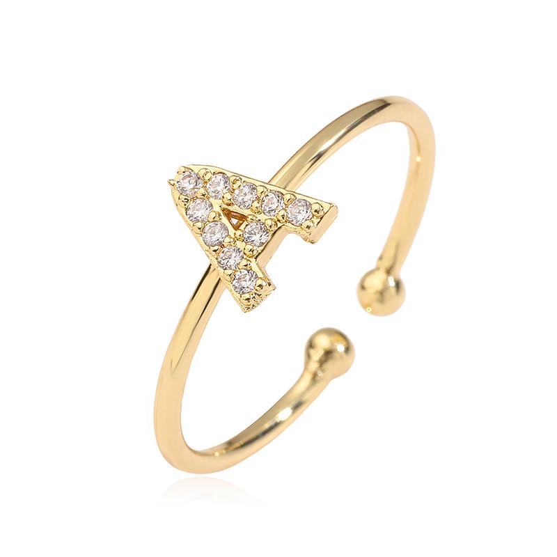 Gold Plated Brass 26 Letter CZ Initial Ring Adjustable Open Band Women Couple Jewelry Gift