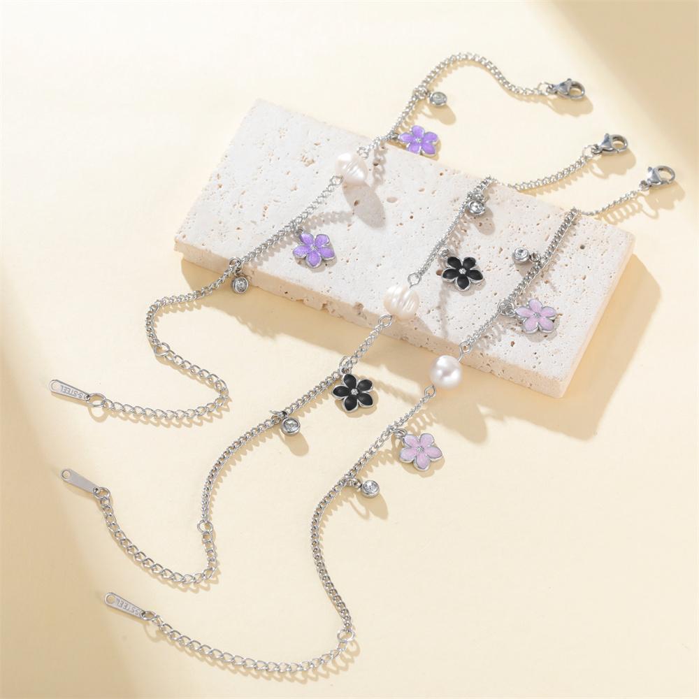 Daisy Flower Enamel Charms Bracelets Girls Imitation Pearl frangipani Plumeria Spring Summer Hand Chain Jewelry Stainless Steel