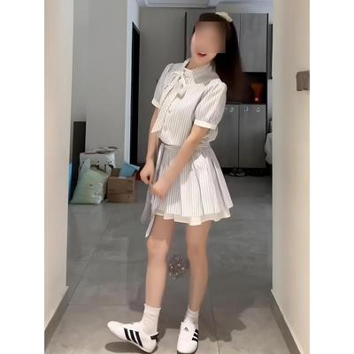 New Popular Beautiful Waist Skirt Sweet College Style Striped Shirt Dress Women's Summer Casual Style