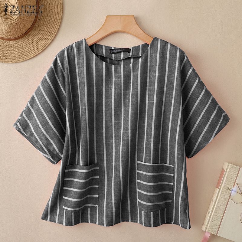 ZANZEA Women Casual Round Neck Loose Half Sleeve Stripe Blouse