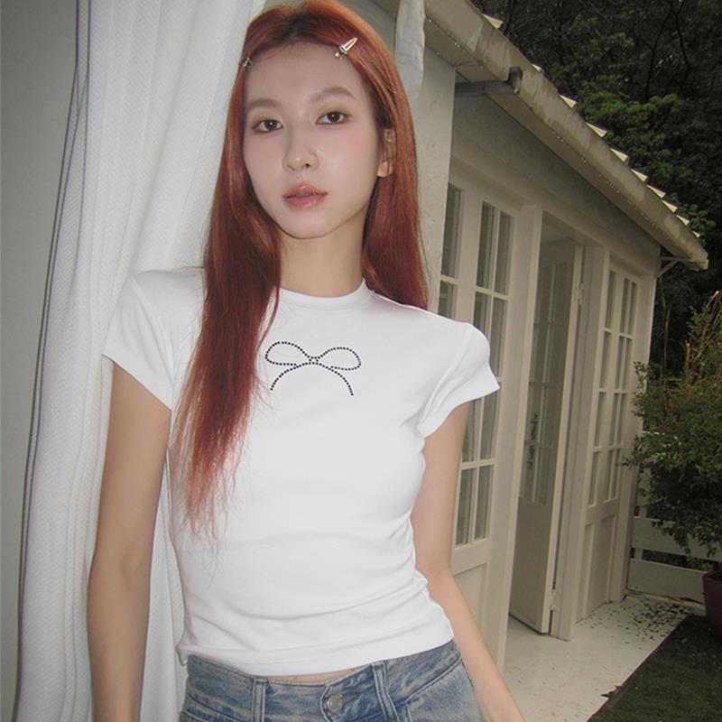 

Новый летний круглый вырез пуловер короткий рукав бант с бантом топ футболка с бриллиантами короткая женская 2XL белый