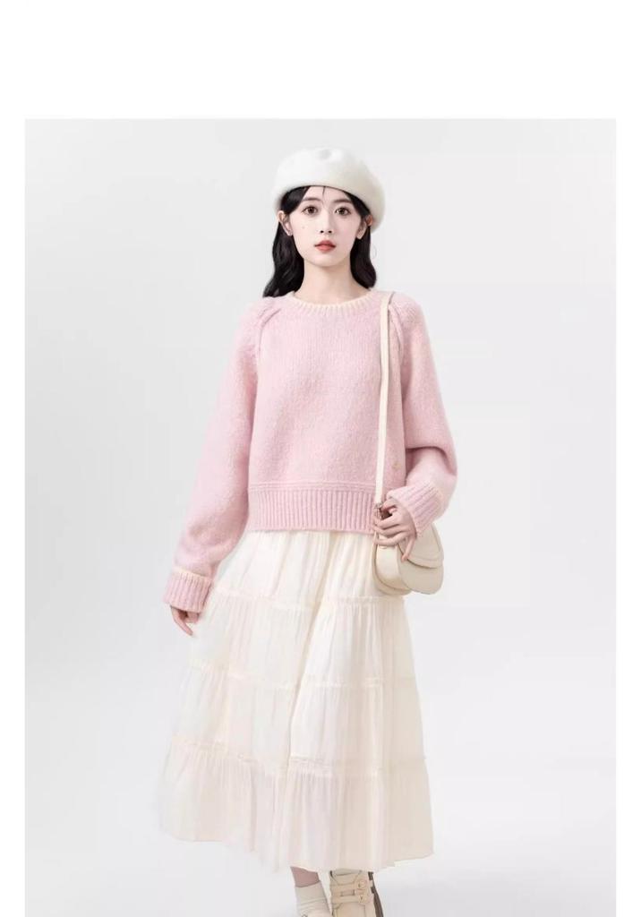 Women's Petite Grey Knit Sweater - Thick Round Neck, Autumn/Winter 2025 Style
