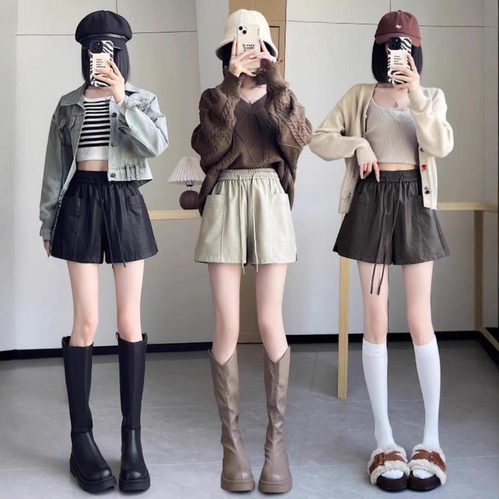 Women's High-Waist Khaki PU Leather Shorts, Autumn/Winter 2024, European Style, Casual A-Line Boot Pants by Melaard