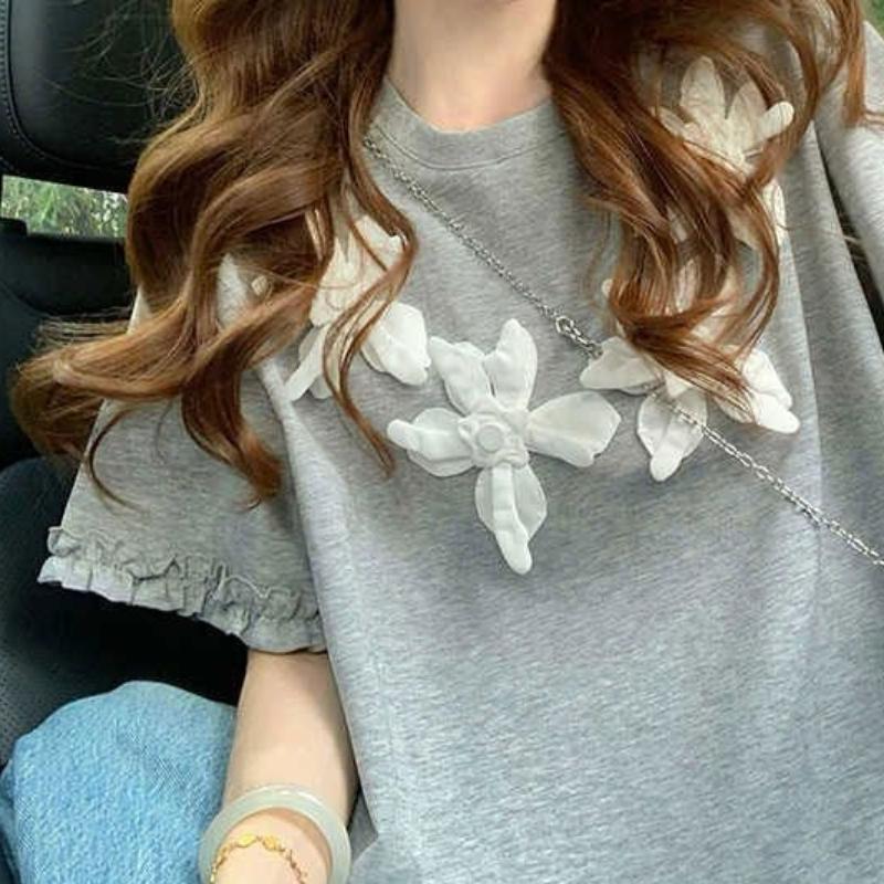 Chest 3D Flower Women's T-shirt Grey Round Neck Short Sleeved Ruffled Edge Tees Summer New Version Loose Casual Woman Top
