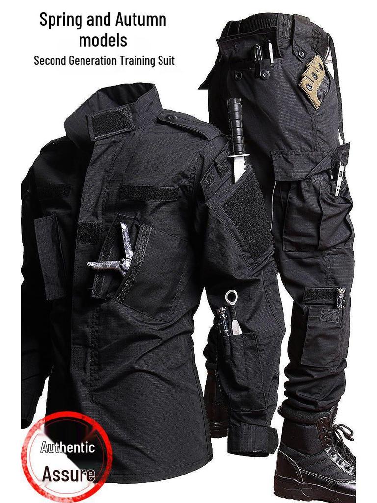 Męski ciemnoniebieski taktyczny garnitur treningowy outdoor: Odporna na ścieranie bojowa kurtka softshellowa