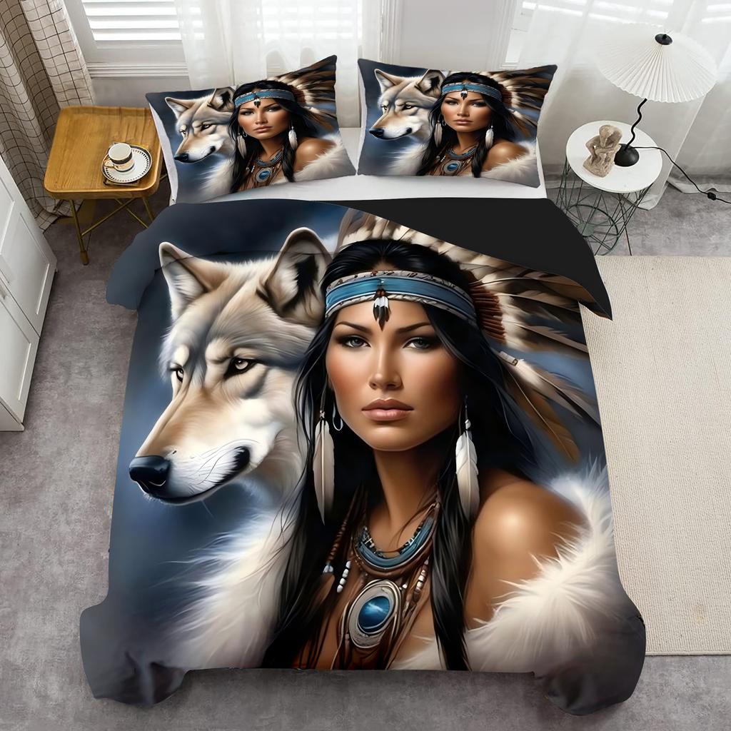 Wolf And Beauty Pattern 3D Printed Quilt Cover Pillowcase Soft Comfortable Bedding Set Wildlife Exotic Style Duvet Cover Set