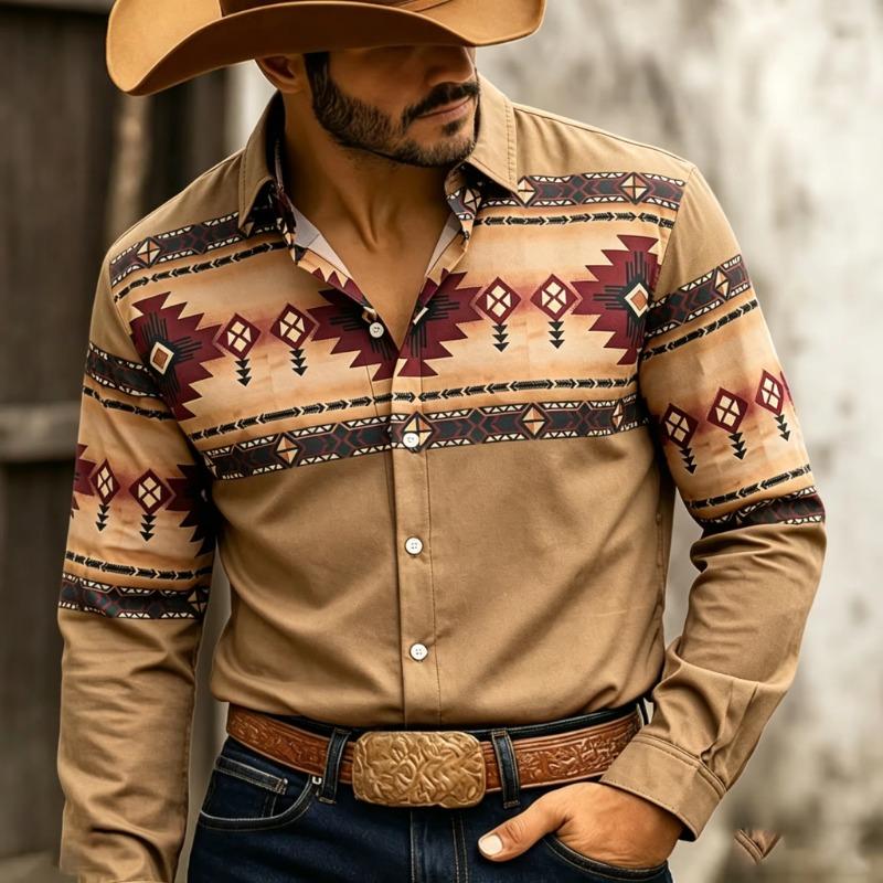 Retro Western Style Men's Long Sleeve Navajo Diamond-Shaped Tribal Print Outdoor Travel Loose Top