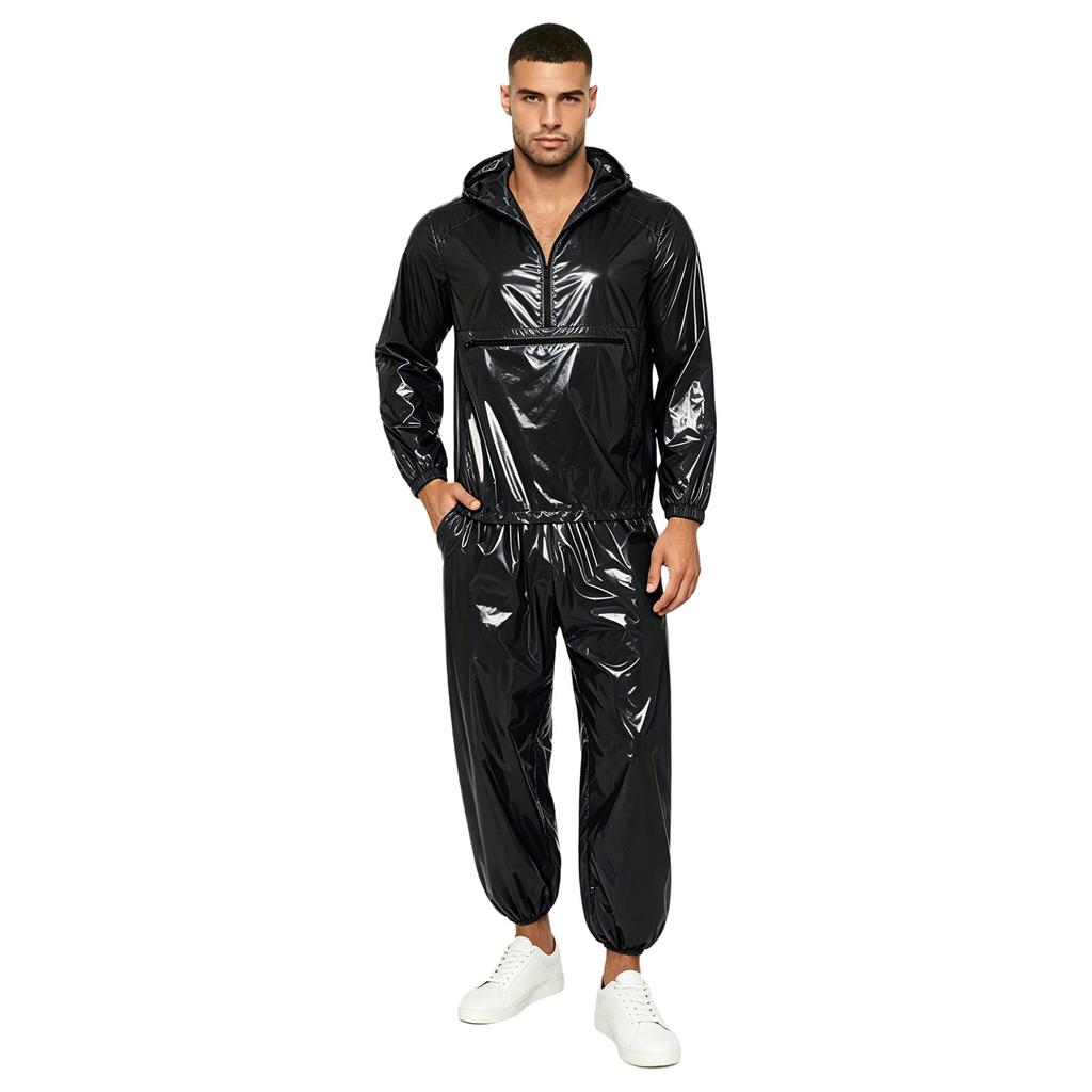 Men Waterproof Hip Hop Dance Outfit Long Sleeve Hooded Jacket with Jogging Pants Raincoat Windbreaker Streetwear Dancewear