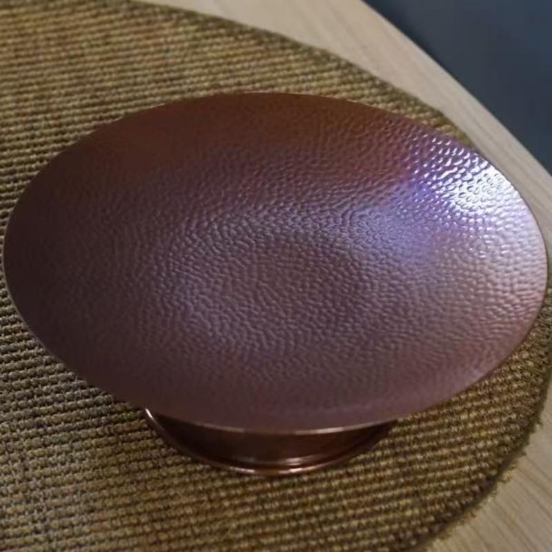 Round Shape Red Copper Fruit Tall Feet Tray,Retro Engraving Hammer Texture Home Cheese 24 Cm Plate,Snack Disc Table Decoration