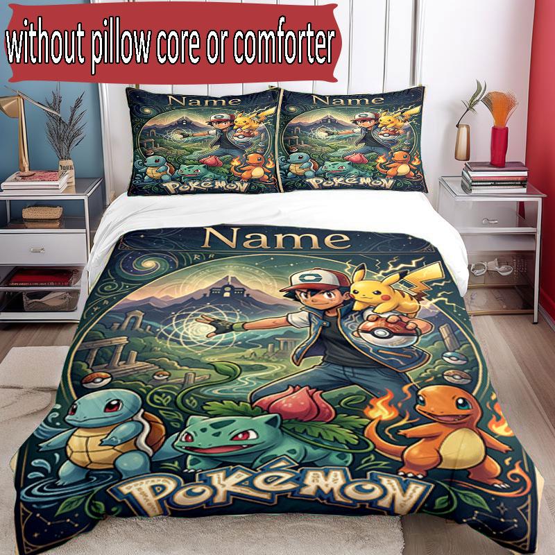 3-teiliges Bettbezug-Set (1 * Bettbezug + 2 * Kissenbezug, ohne Kern), Benutzerdefinierter Name Pokemon Muster Bettwäsche Set, Heim Schlafzimmer Dekor Geschenk